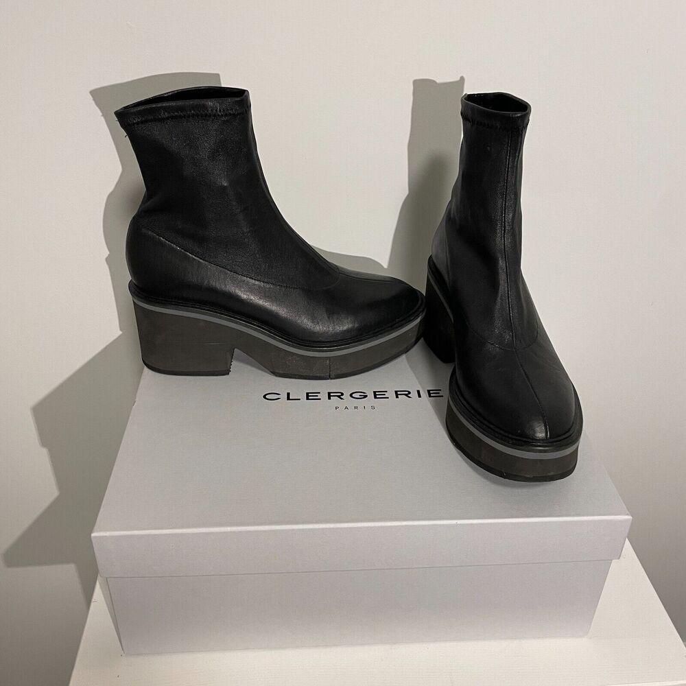 NEW w/ box Clergerie Paris Albane Black Stretch Block Heel Mid Ankle Boot 37.5/7